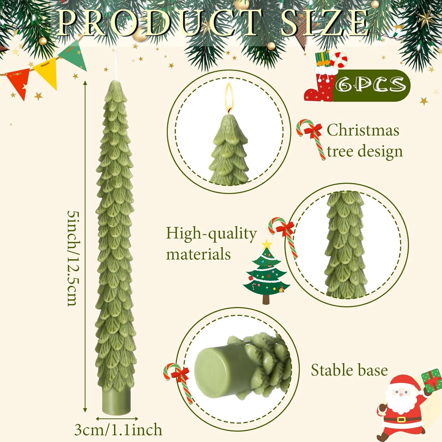 6 Pcs Christmas Tree Shaped Candles Xmas Wax Scented Candles Dark Green Decorative Christmas Tree