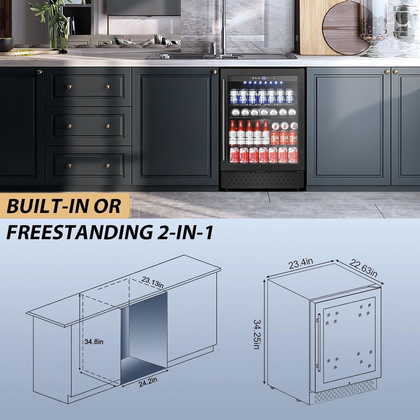 Tylza Beverage Refrigerator 24 Inch, Under Counter/Freestanding Drink Fridge, 190 Cans Beverage