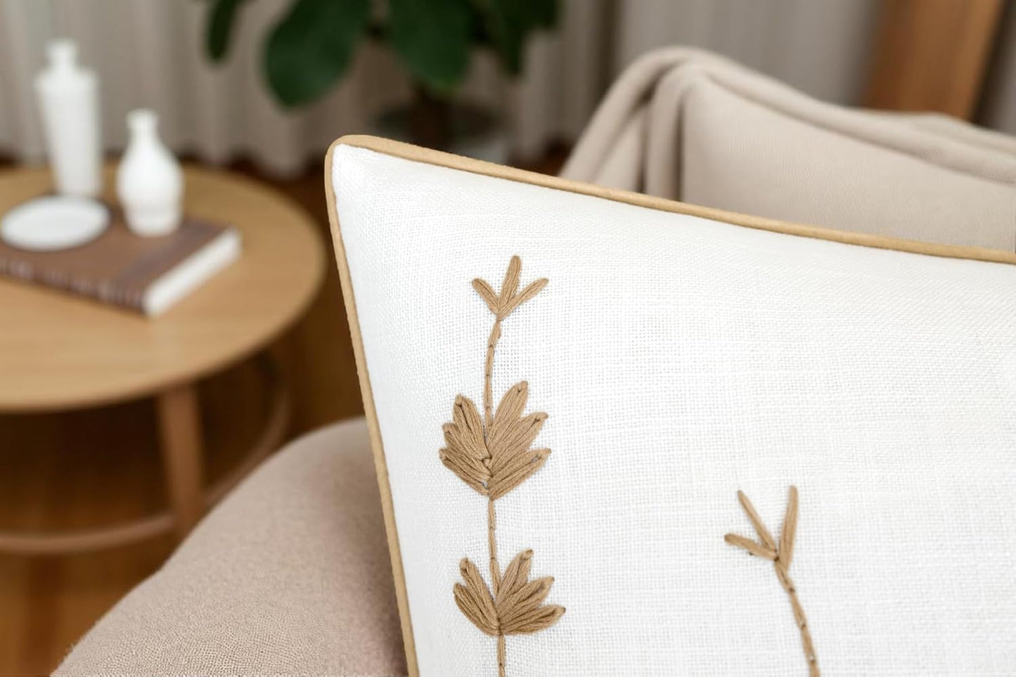 VAGMINE Hand Embroidered Daisy Accent Throw Pillow Cover - 20x20 Inches Square - 100% Cotton Ivory