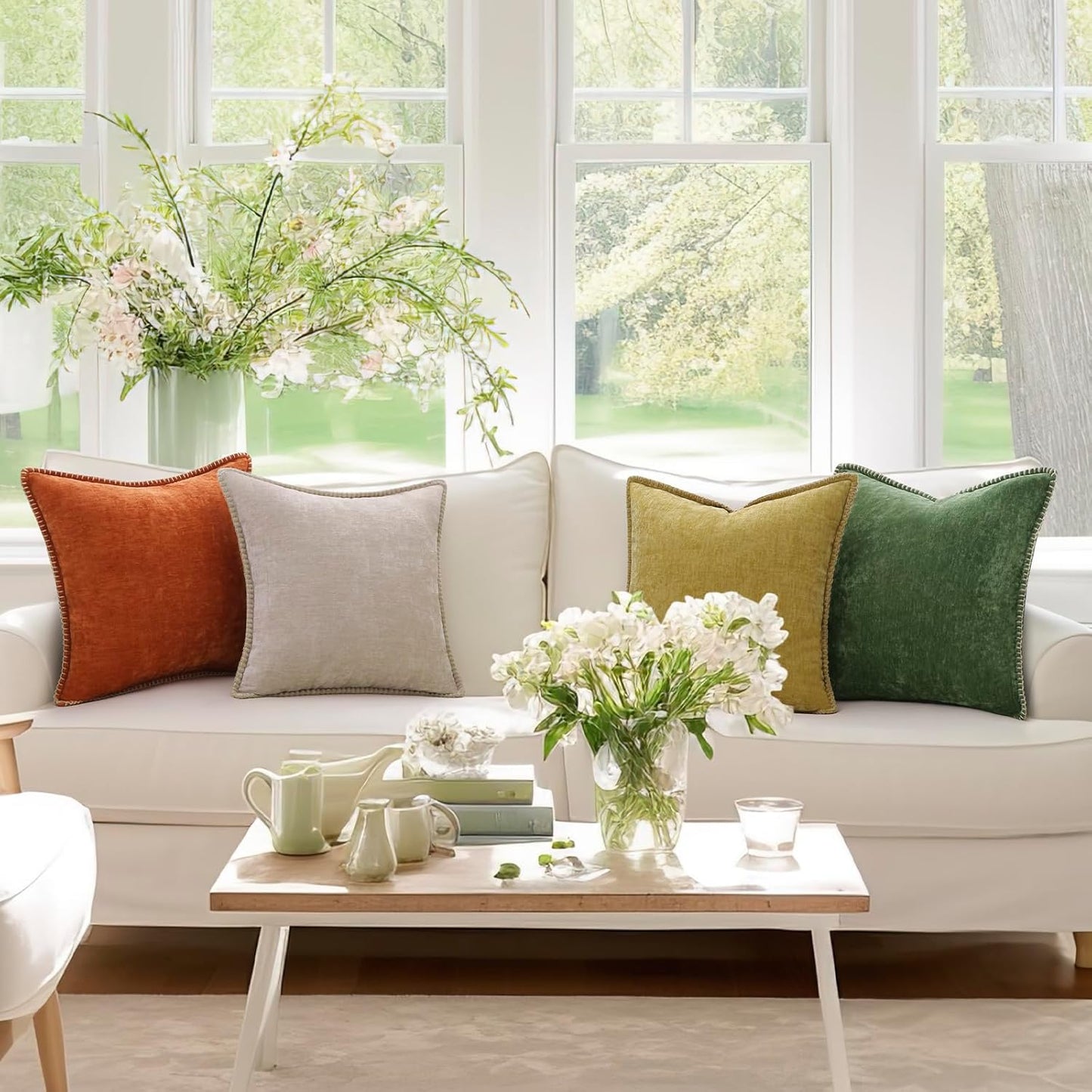 decorUhome Chenille Soft Throw Pillow Covers 22x22 Set of 2, Farmhouse Velvet Neutral Decorative