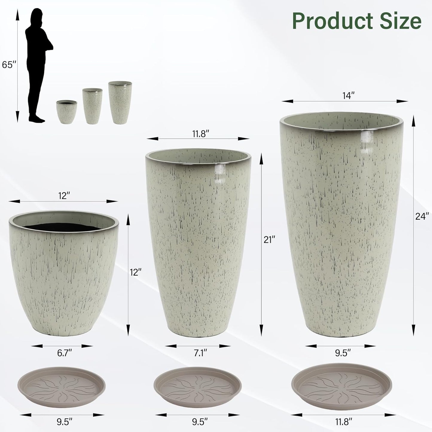 24/21/12 Inch Large Plastic Planter, Lightweight Ceramic-Look Large Flower Pots with Drain Hole &