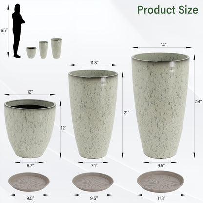 24/21/12 Inch Large Plastic Planter, Lightweight Ceramic-Look Large Flower Pots with Drain Hole &