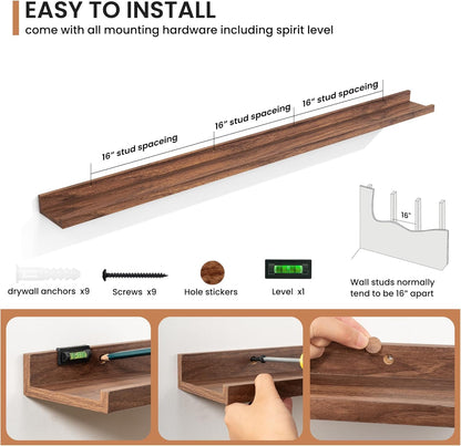 Fun Memories Picture Ledge Shelves Set of 2, 55 Inch Rustic Wall Mounted Floating Shelves with Lip