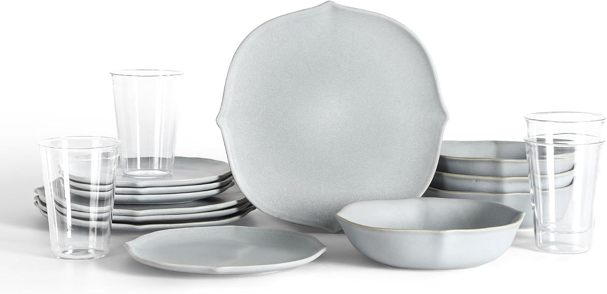 Stone Lain Baskerville 32-Piece Dinnerware Set Stoneware, Borosilicate Glass, Light Blue