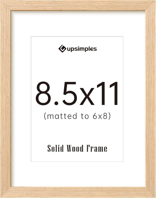 upsimples 8.5 by 11 Picture Frame, Natural Solid Wood Picture Frames, Display 6x8 with Mat or 8.5 x
