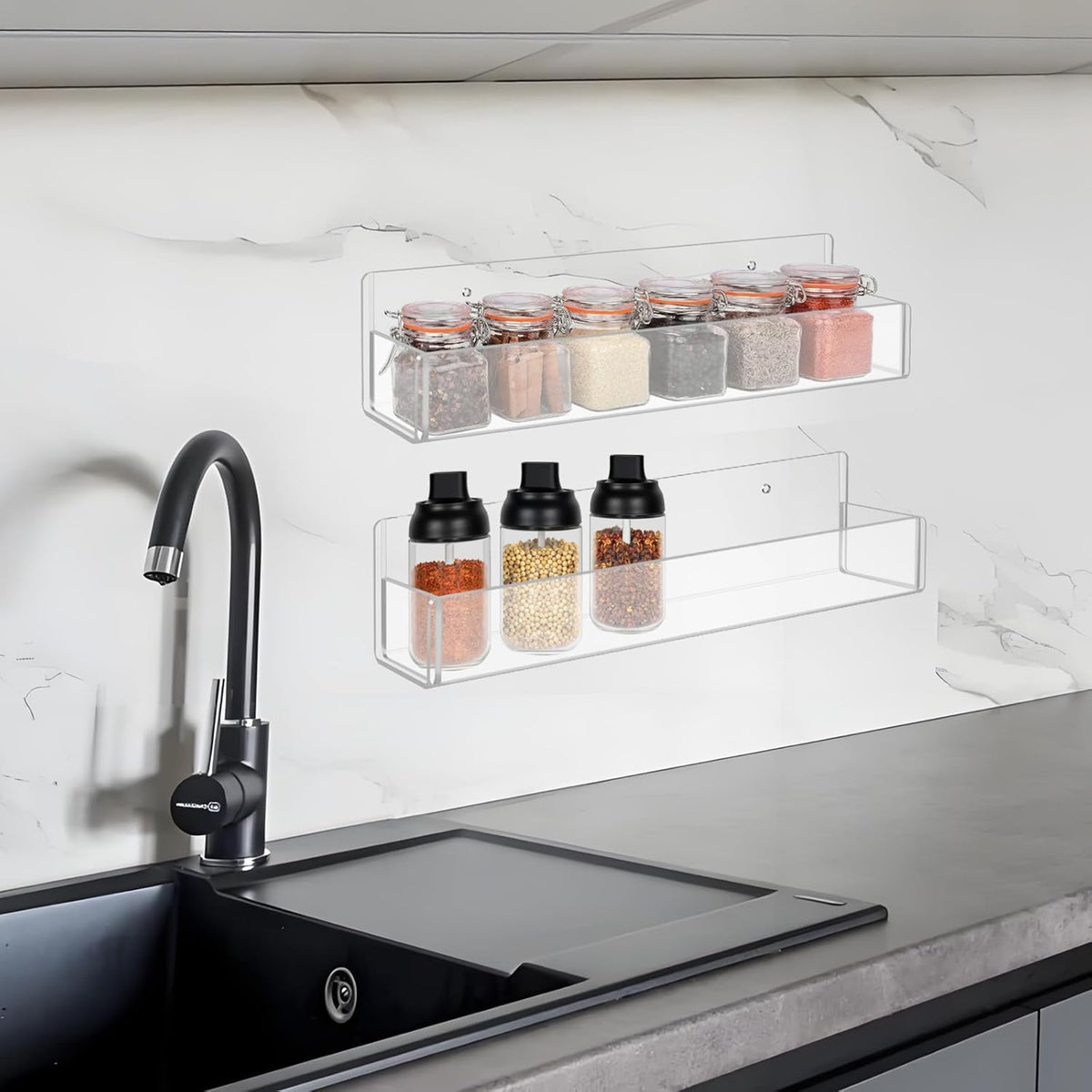 Acrylic Spice Rack Wall Mount-12 Inch, Clear Spice Shelf Storage Holder, 2 Pack Hanging Seasoning