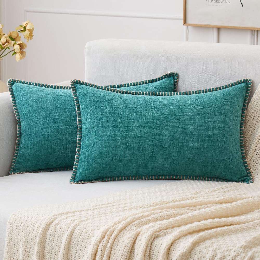 MIULEE Pack of 2 Couch Throw Pillow Covers 12x20 Inch Teal Farmhouse Decorative Pillow Covers with