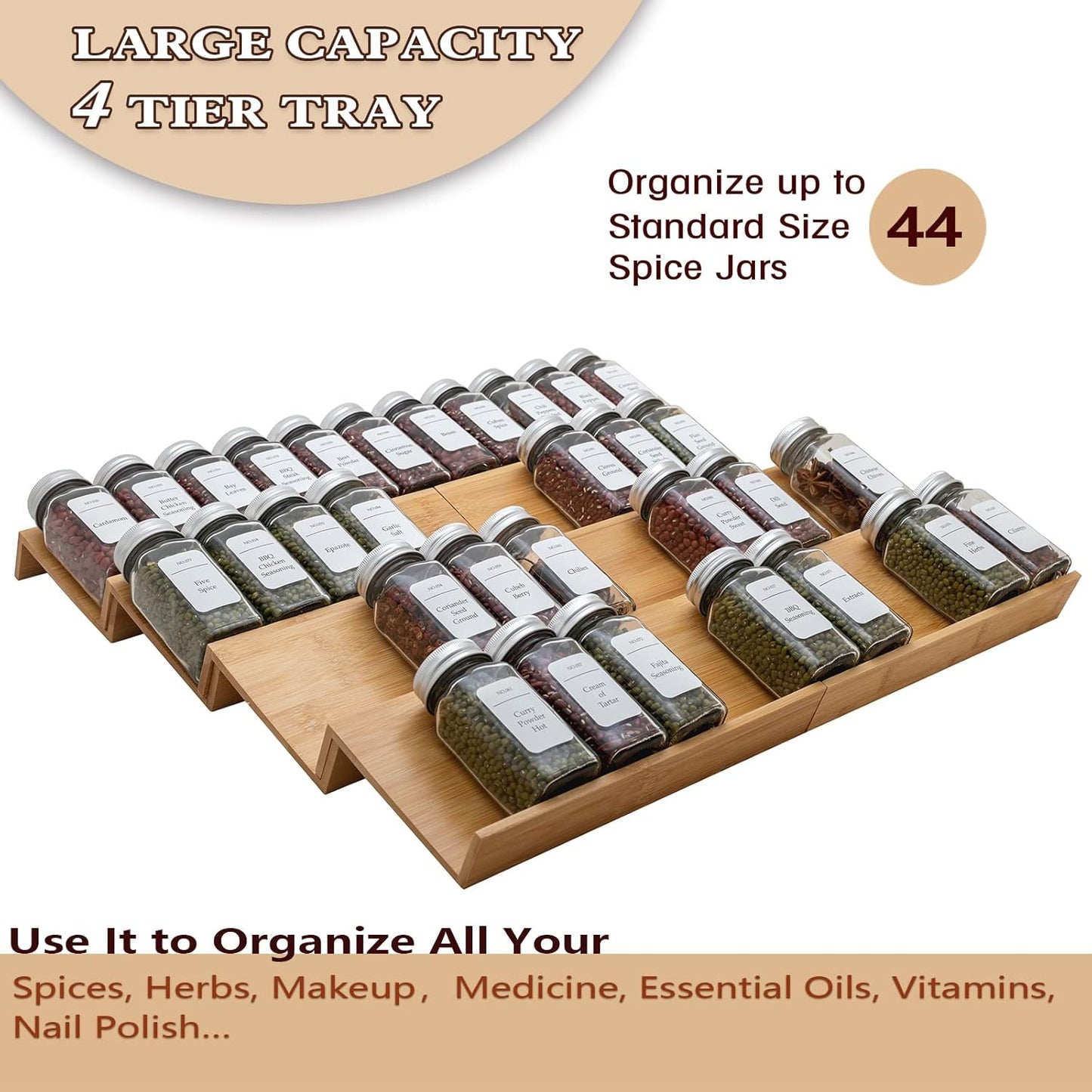 Bamboo Spice Rack Drawer Organizer - 8 Pieces Set- 10" Wide Per Piece - Combine Pieces Into 20"