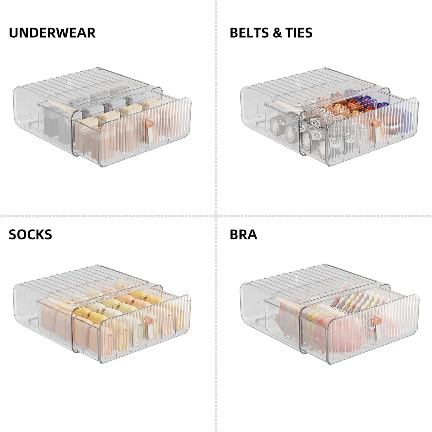 Underwear Organizer for Closet, Acrylic Socks Bra Underwear Drawer Organizer with Dividers, 24 Cell