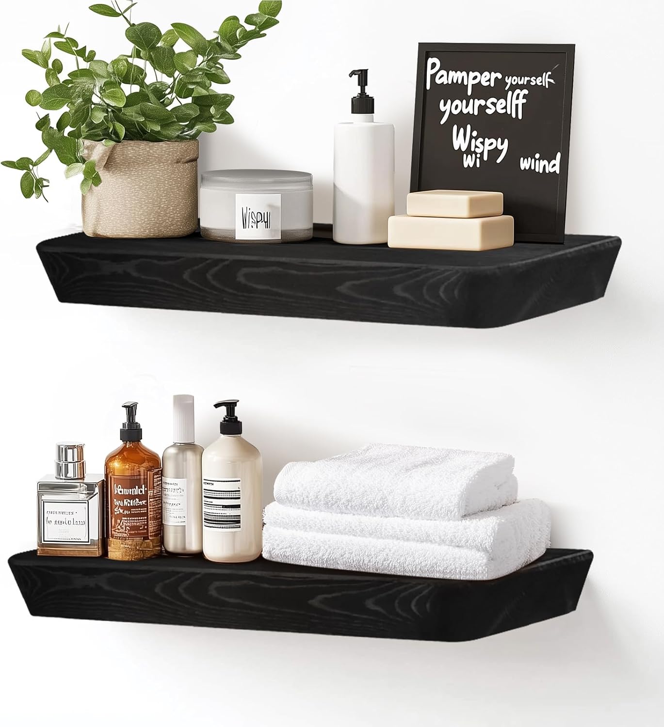 16"x6.8"x1.6" Slanted Floating Wall Shelves 2-Pack - Rustic Black Finish, Heavy-Duty Solid Wood