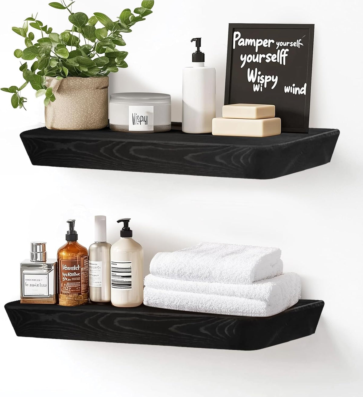 16"x6.8"x1.6" Slanted Floating Wall Shelves 2-Pack - Rustic Black Finish, Heavy-Duty Solid Wood