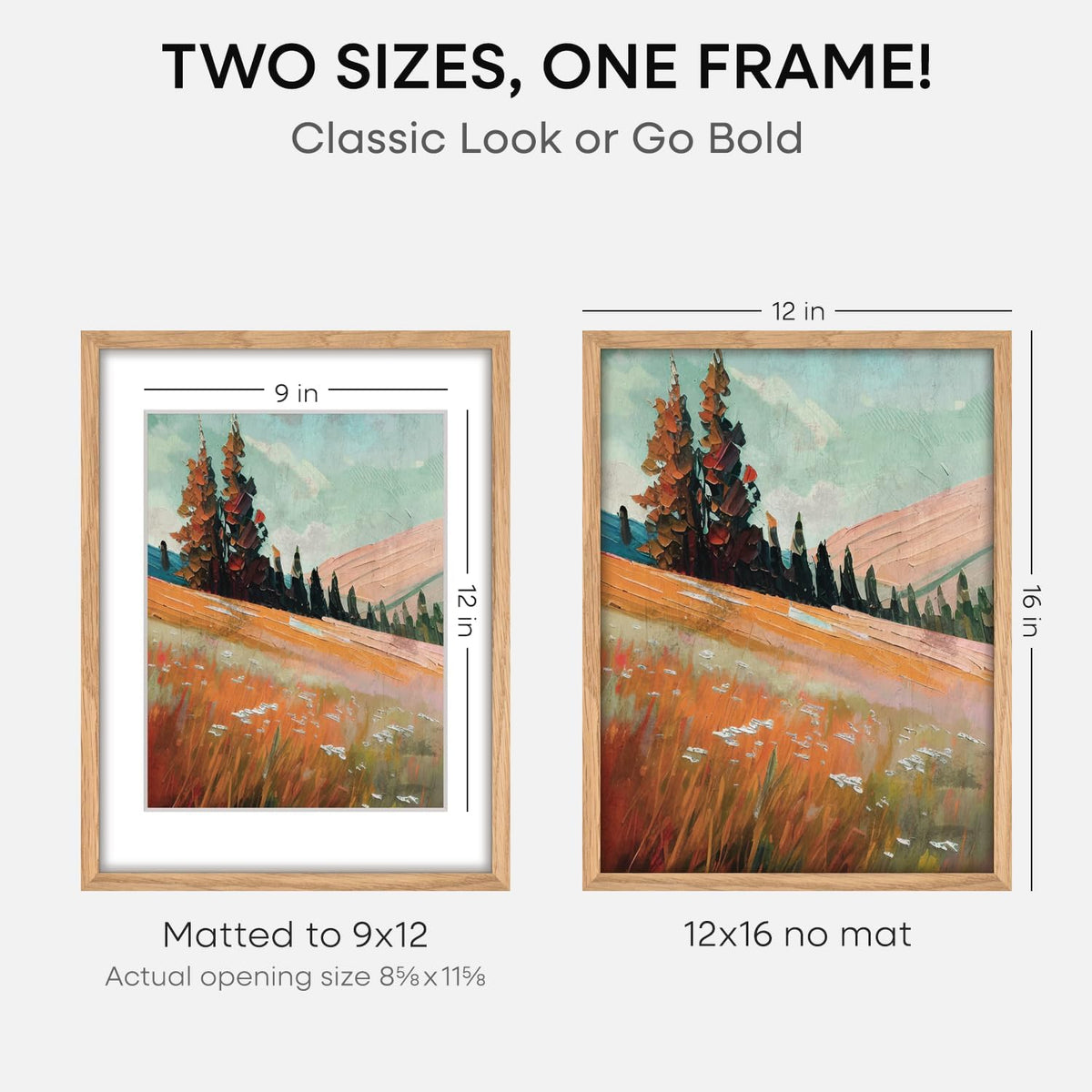 Homeforia 12x16 Wood Frame, High End Natural Oak 12x16 Light Wooden Picture Frame with Mat 9x12, 12