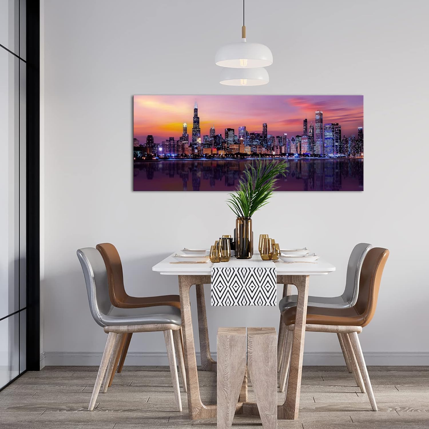 Fochorlo Large Chicago Canvas Modern City Skyline Wall Art Downtown Night Picture Prints Ready To
