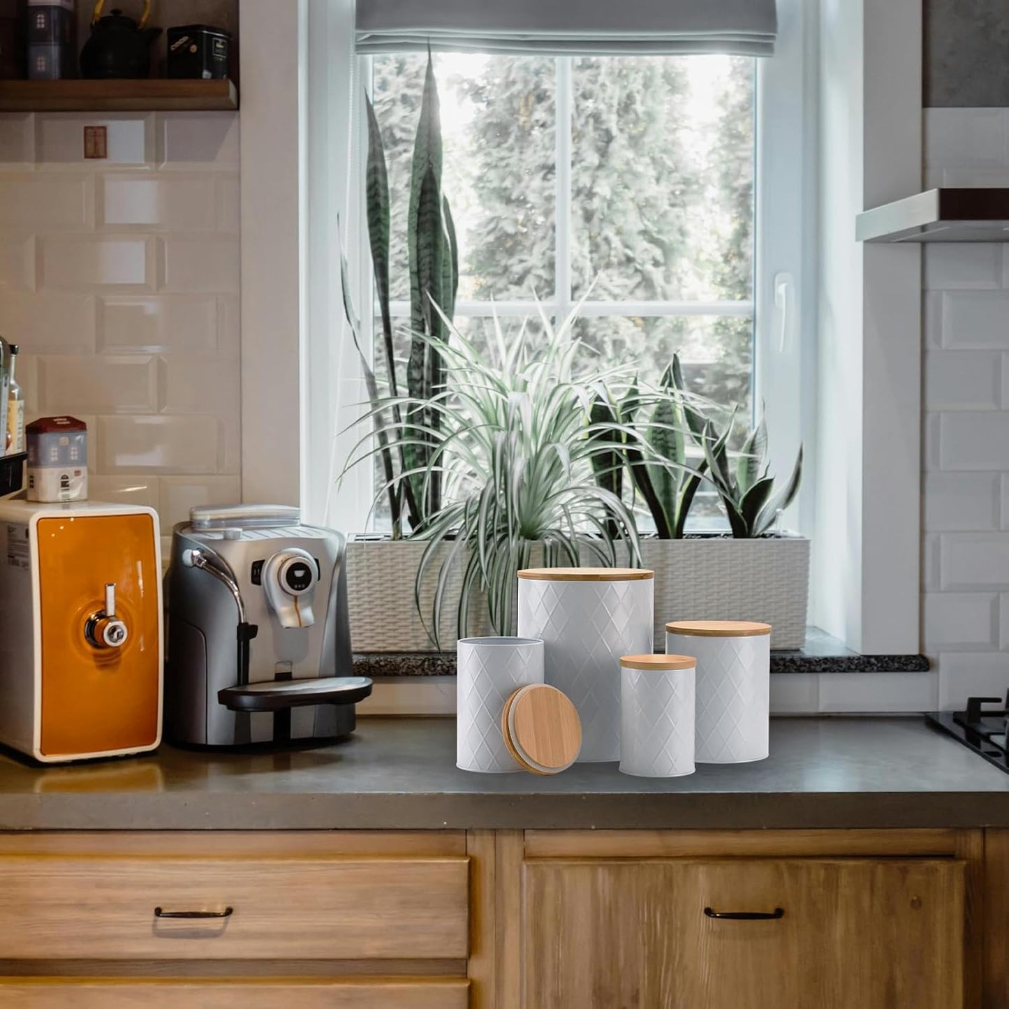White Kitchen Canisters Set with Bamboo Lids, Airtight Sugar, Flour, Coffee, Cookie Storage