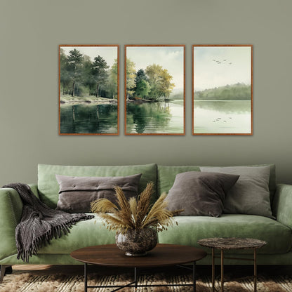 KAIRNE Framed Nature Canvas Wall Art Set,Misty Forest Wall Decor,Green Mountain Forest