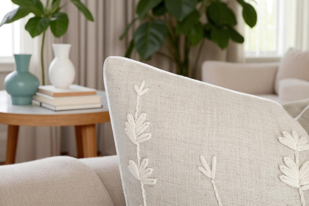 VAGMINE Hand Embroidered Daisy Accent Throw Pillow Cover - 20x20 Inches Square - 100% Linen Natural