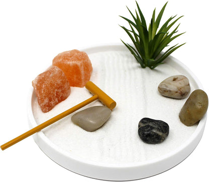 Nature's Mark Mini Zen Garden Kit for Desk with White Sand, Rake, White Base, Salt Rock and Air