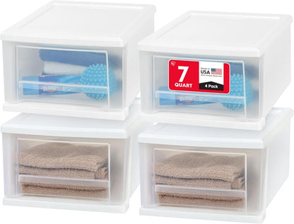 IRIS USA 7 Qt. Plastic Drawer Storage Organizer Stacking Drawers, 4-Pack, Stackable Unit with
