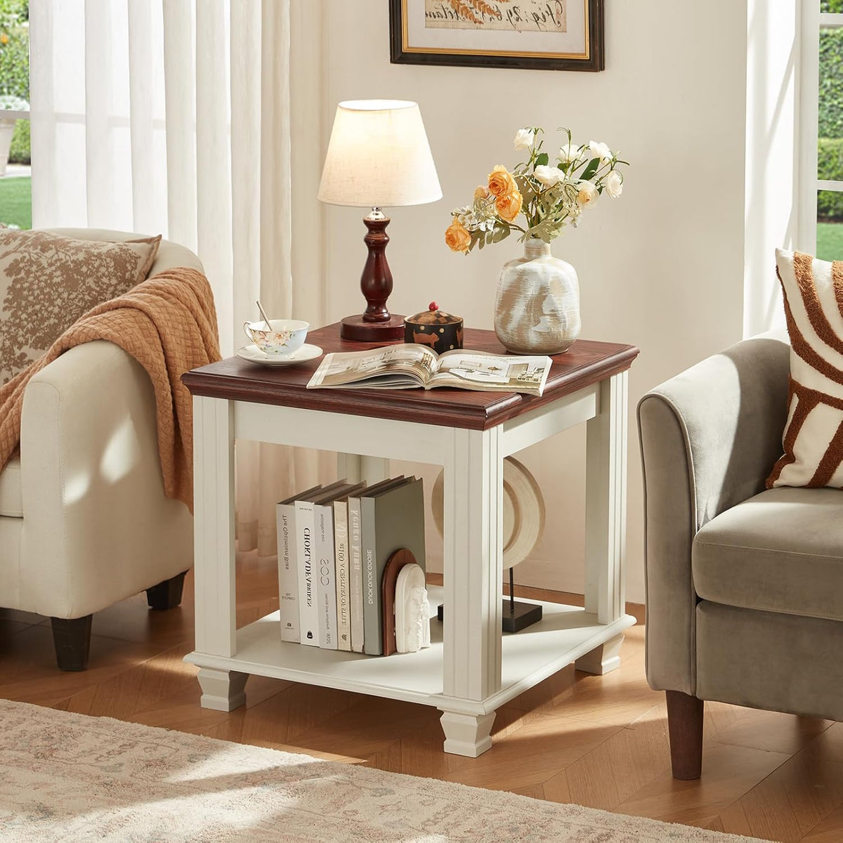 Farmhouse End Table with 2-Tier Storage Shelf, 22.8 inch Side Table for Living Room,Modern