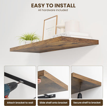 30" Floating Shelves for Wall, 12" Deep Slim Rustic Brown Floating Shelves, Wall-Mounted Shelves