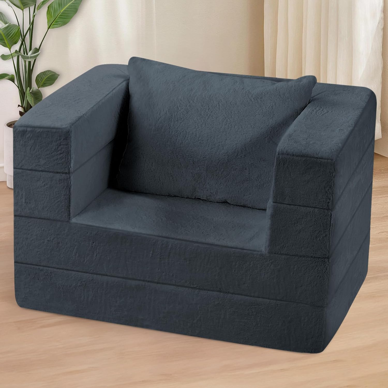 Folding Bean Bag Chair for Adults,3-in-1 Bean Bag Couch Faux Fur Floor Sofa Large Beanbag