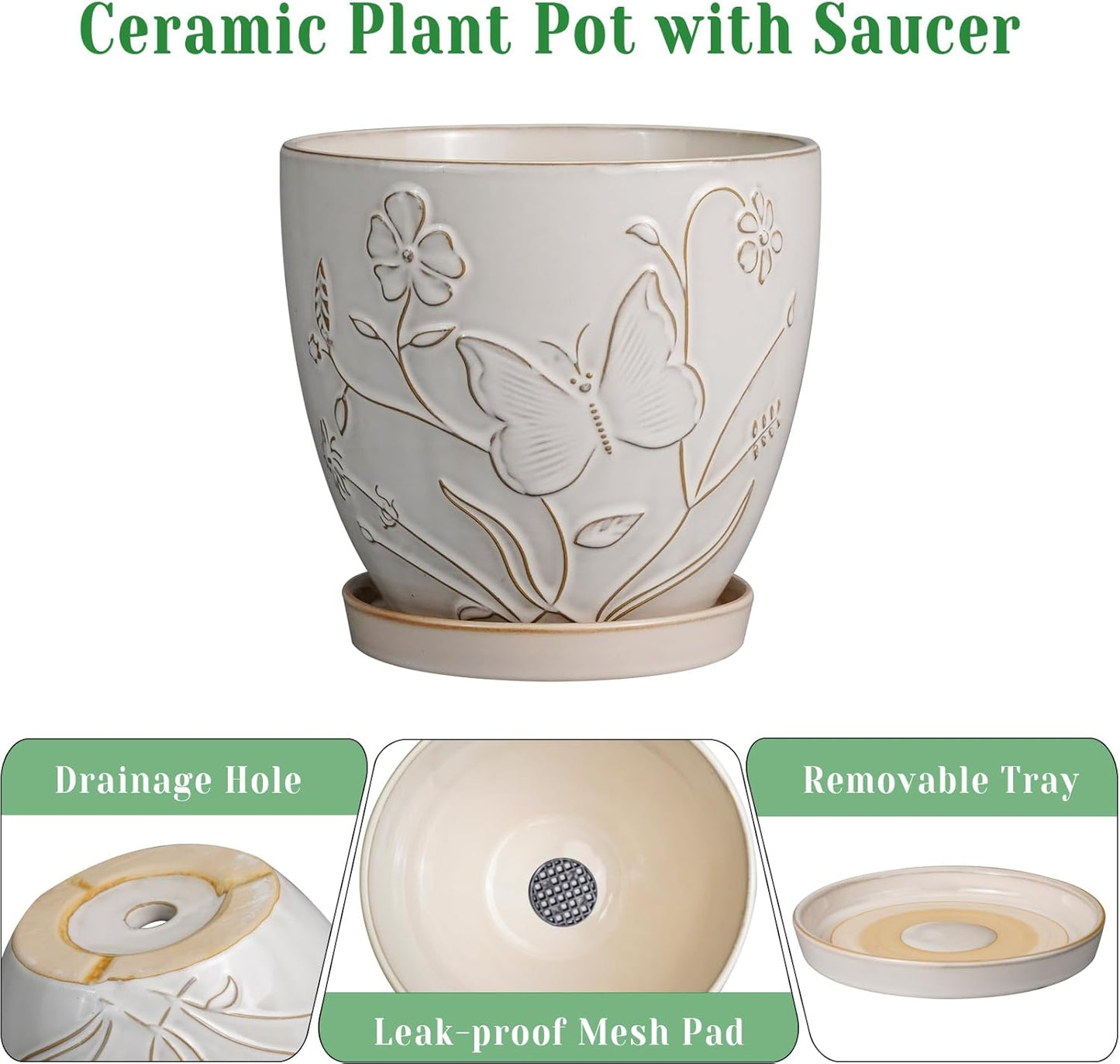 10 Inch Plant Pot Ceramic Planter Pot with Drainage Hole and Saucer Round Planter Large Flower Pot