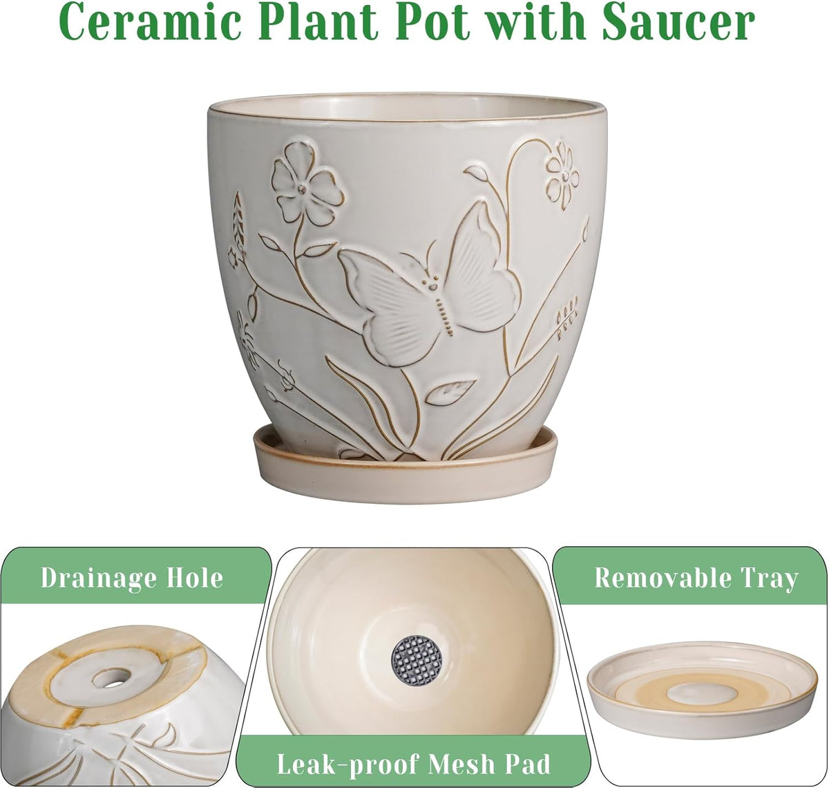 10 Inch Plant Pot Ceramic Planter Pot with Drainage Hole and Saucer Round Planter Large Flower Pot