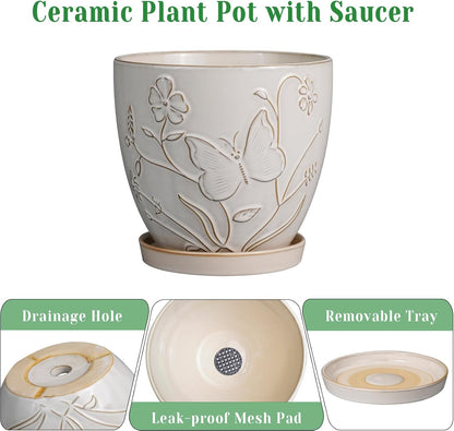 10 Inch Plant Pot Ceramic Planter Pot with Drainage Hole and Saucer Round Planter Large Flower Pot