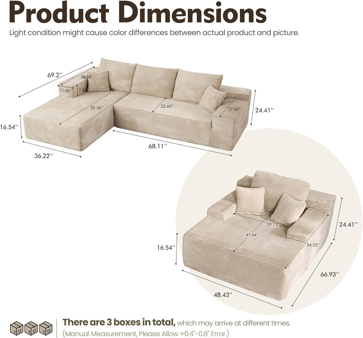 HOOOWOOO Cloud Sectional Couches for Living Room,Modular Sectional Sofa No Assembly,Plush Corduroy