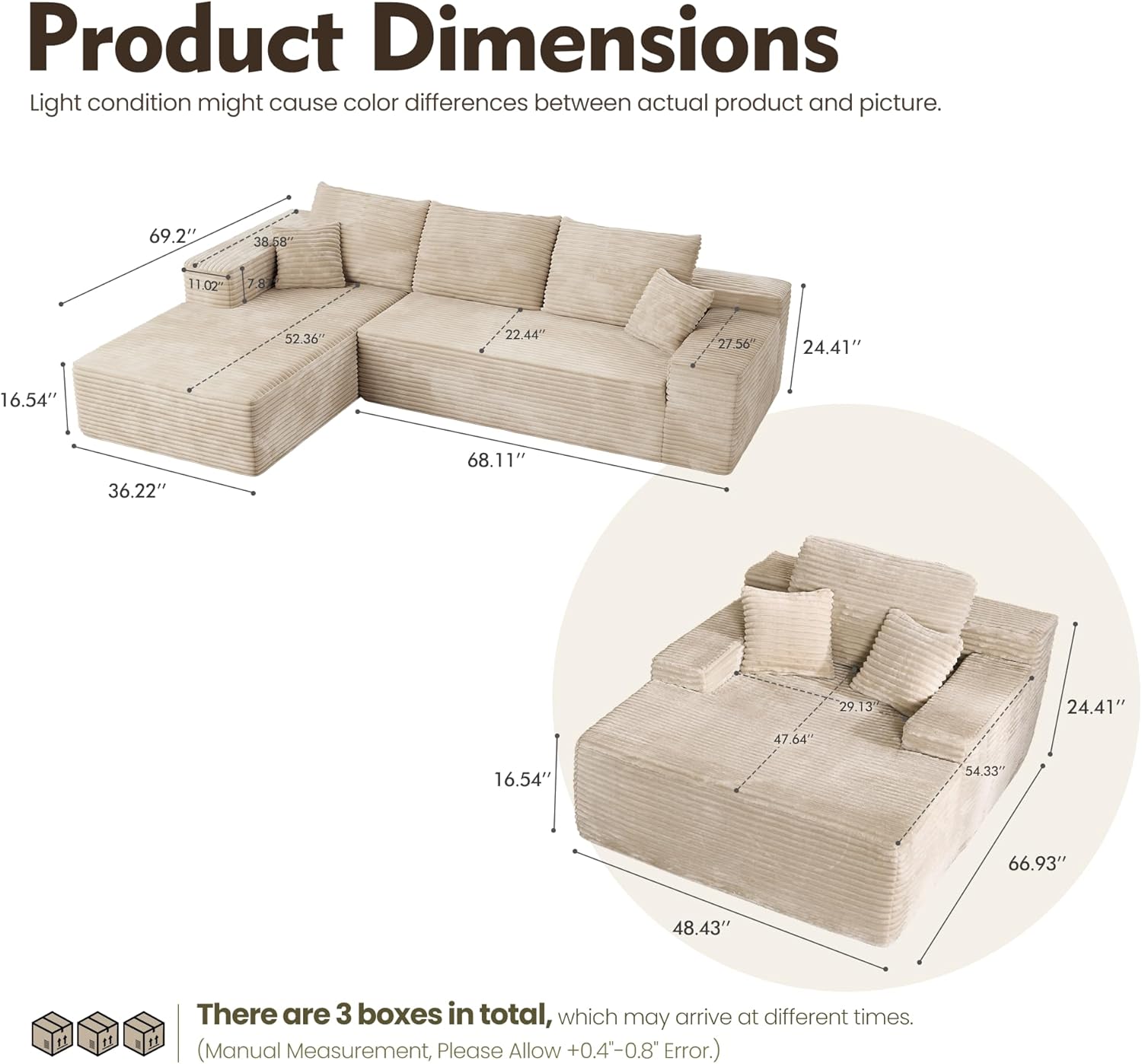HOOOWOOO Cloud Sectional Couches for Living Room,Modular Sectional Sofa No Assembly,Plush Corduroy