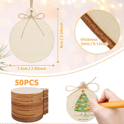 Philorn 50pcs Wooden Ornaments for Crafts 3.5" Unfinished DIY Wooden Christmas Ornaments