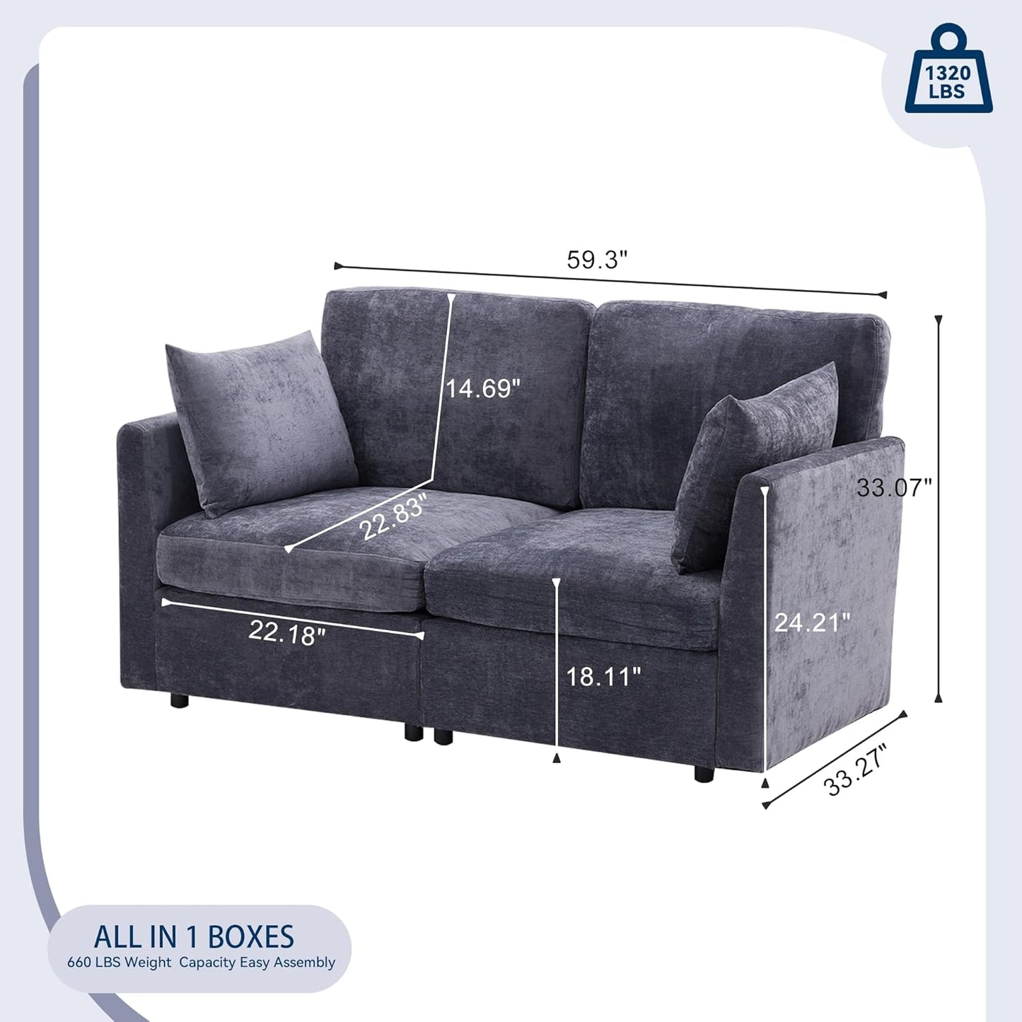 Tbfit 59" Loveseat Sofa, Chenille Small Sofa Couch, Love Seat with 2 Pillows for Small Space