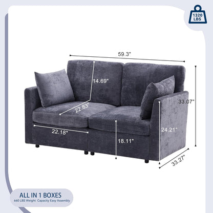 Tbfit 59" Loveseat Sofa, Chenille Small Sofa Couch, Love Seat with 2 Pillows for Small Space