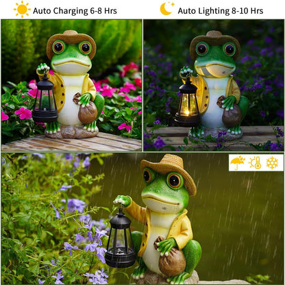 Solar Garden Outdoor Frog Statue 10 inches Tall - with Handheld Lanterns - Detachable - Patio