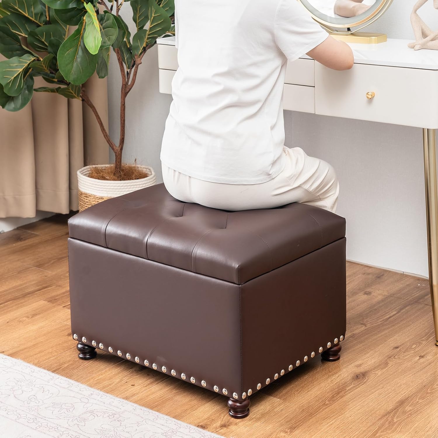 Joveco Leather Storage Ottoman Bench Rectangle 24 Inch Foot Rest Ottomans Stool for Living Room