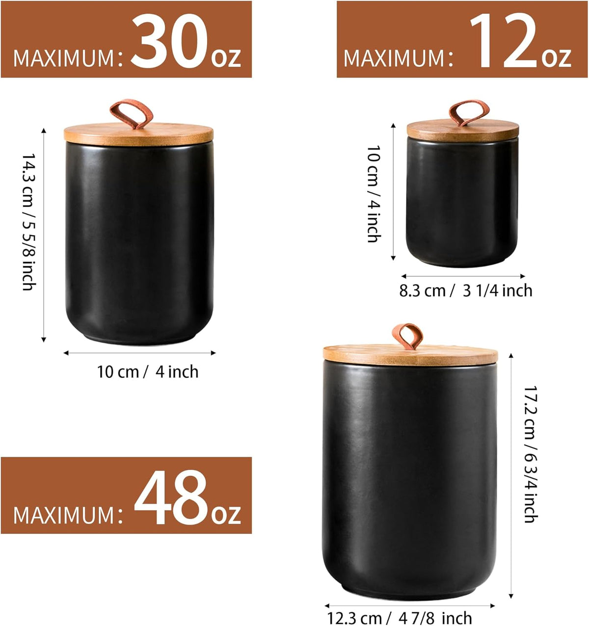 Black Ceramic Canister Set, 3pcs Ceramic Kitchen Canisters for Countertop with Airtight Wood Lids