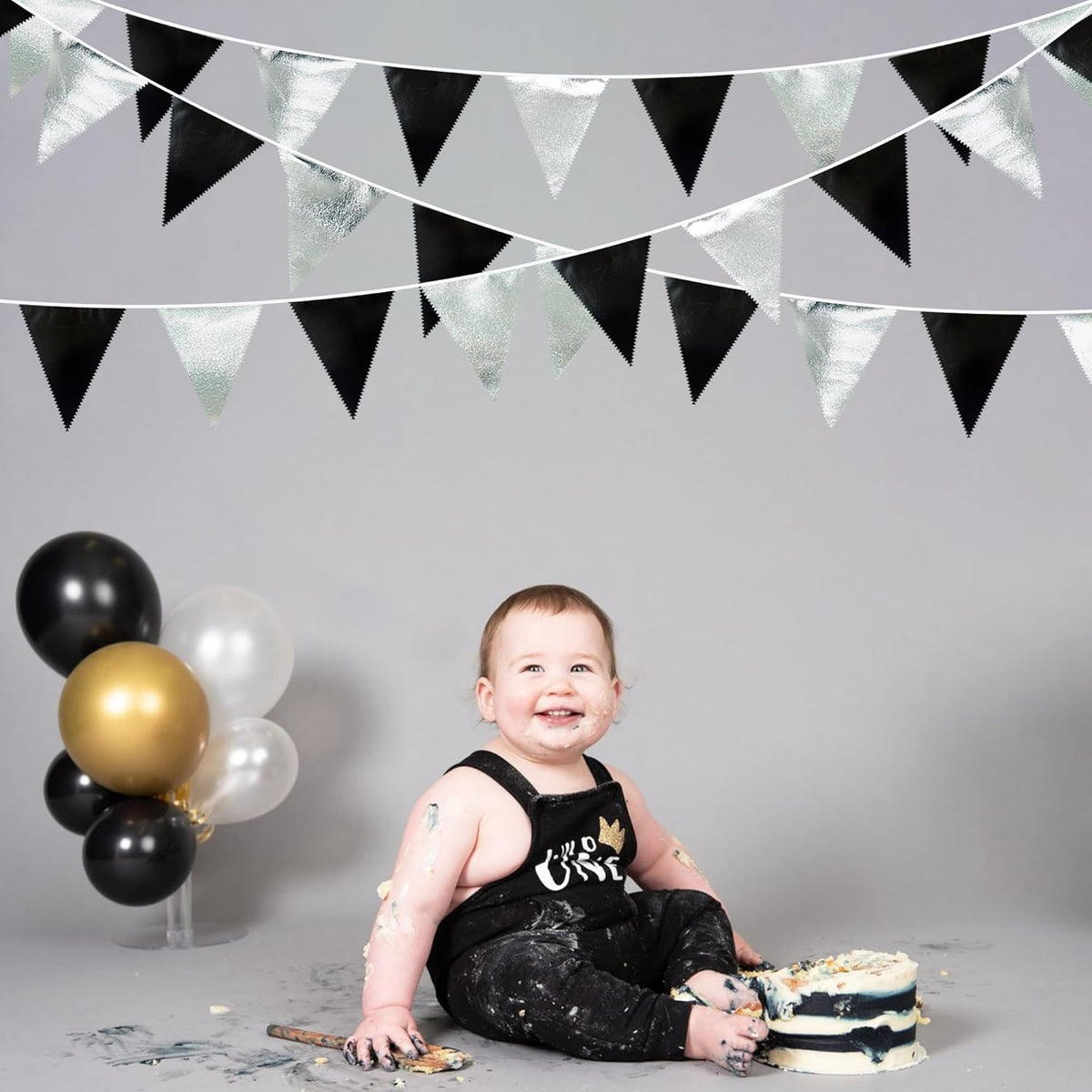 Black and Silver Party Decorations Triangle Pennant Banner Flag Metallic Fabric Bunting Garland for