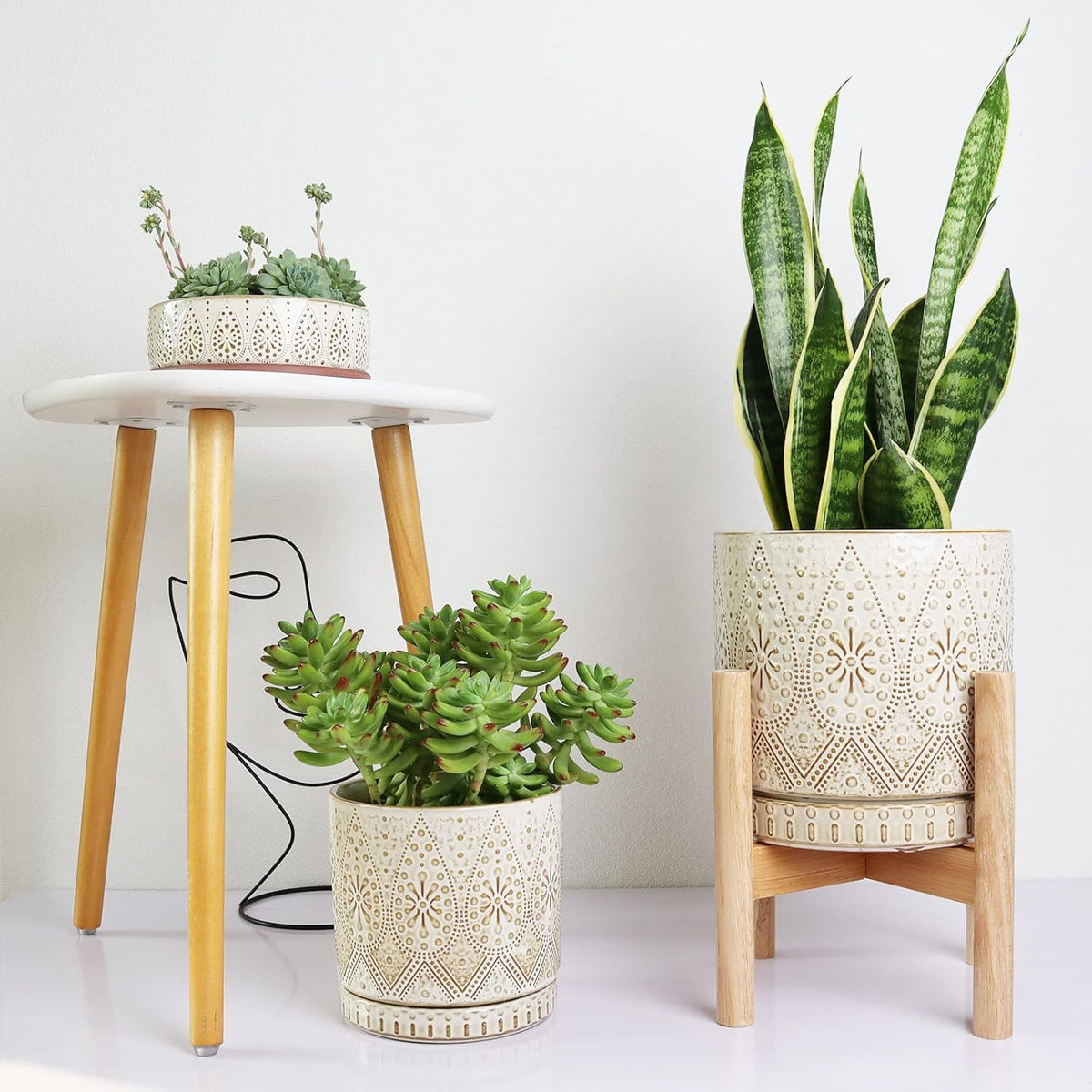 8 Inch Plant Pot with Stand, Ceramic Planter with Drainage Holes, Saucers and Mesh Pads for