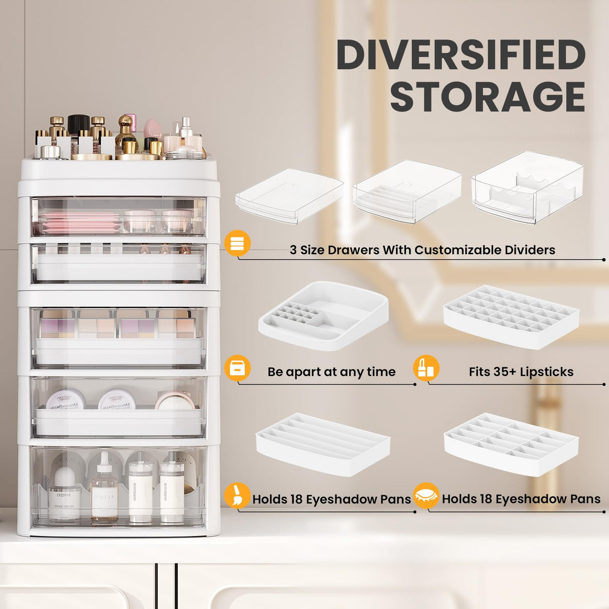 Rolling Cart with 5 Drawers, Clear Plastic Drawer Organizers, Vanity Cart