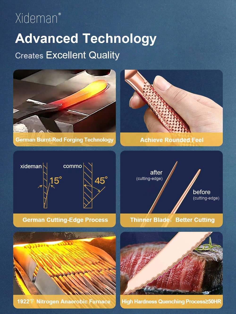 16-Piece Modern Copper Hammered Silverware Set with Ultra Sharp 2-IN-1 Serrated Knife, Rose Gold