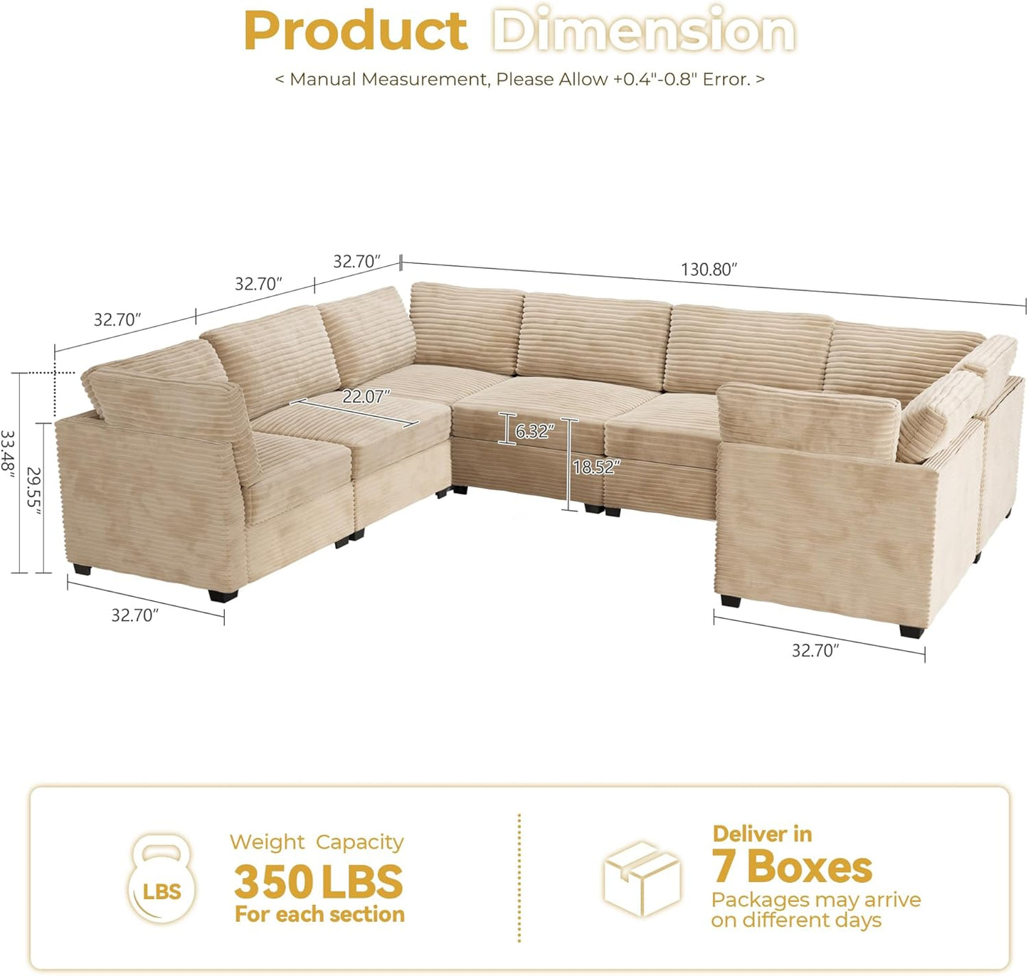 HOOOWOOO Modular Sectional Sofa,7 Pieces Sectional Couches for Living Room,131X98 U Shaped Cloud