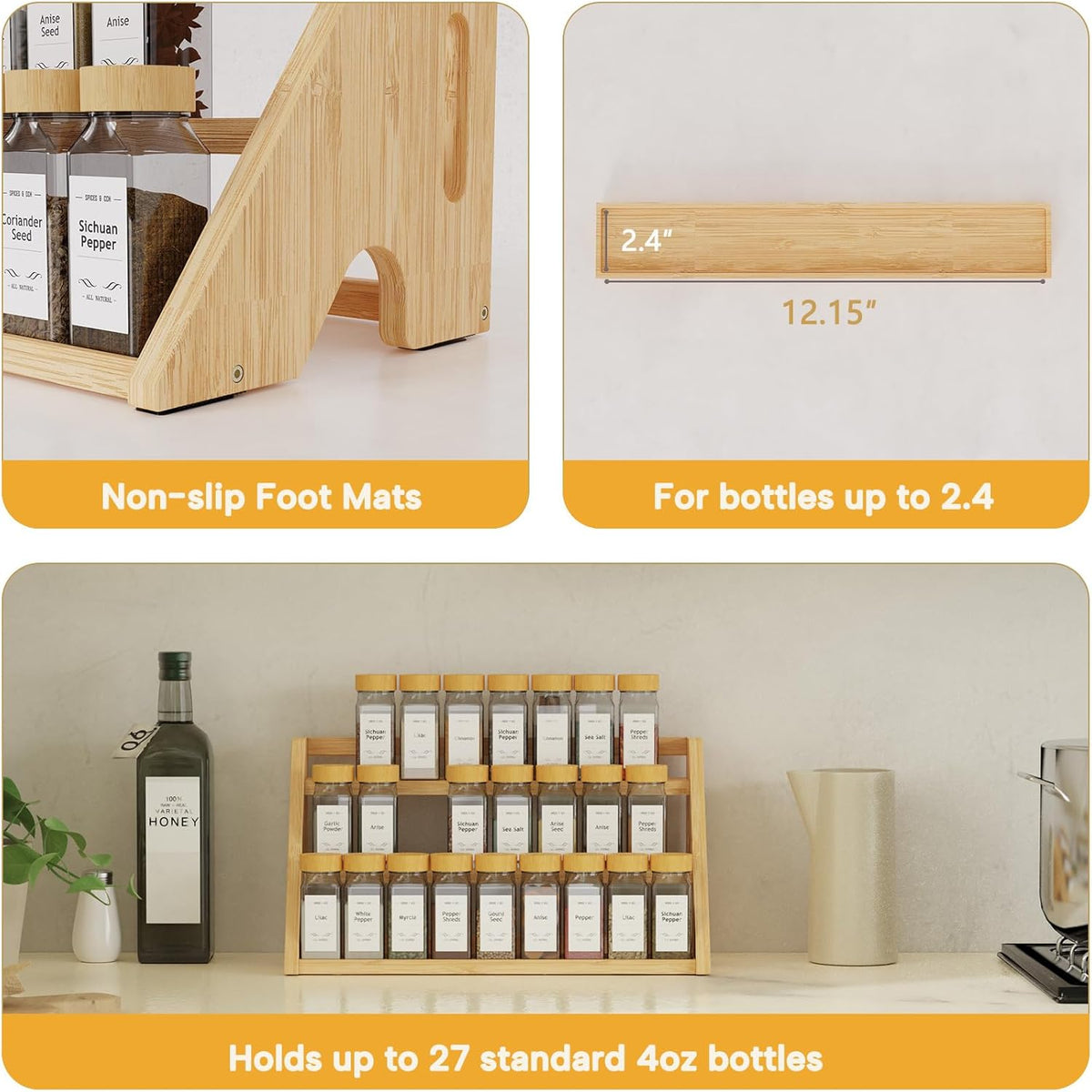 Bamboo Spice Rack Organizer -3-Tier Spice Rack for Countertop,Cabinet Spice Rack Organizer for 27