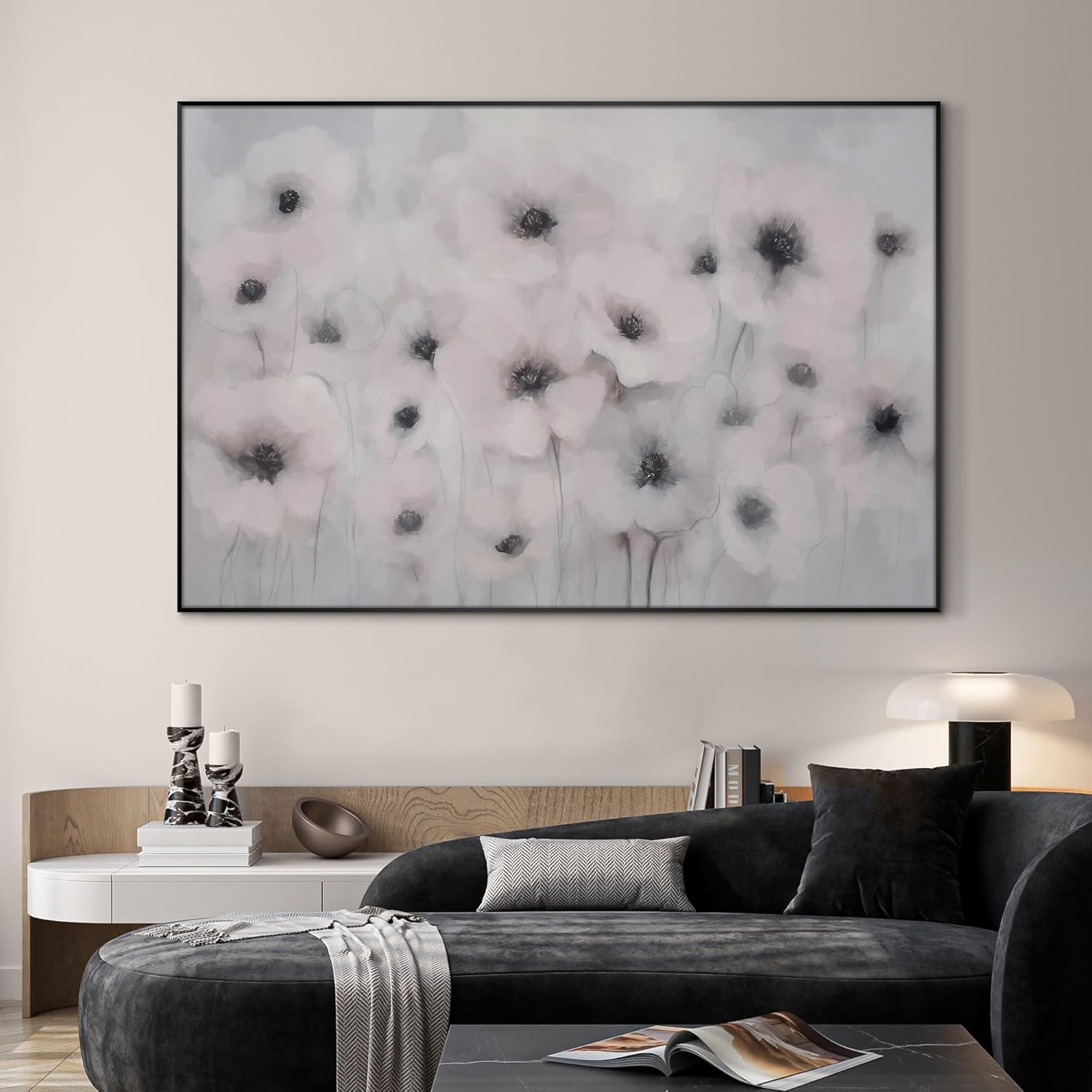 46"x72" Extra Large Framed Wall Art Soft White Poppies Watercolor Floral, Delicate Botanical for
