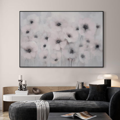 46"x72" Extra Large Framed Wall Art Soft White Poppies Watercolor Floral, Delicate Botanical for