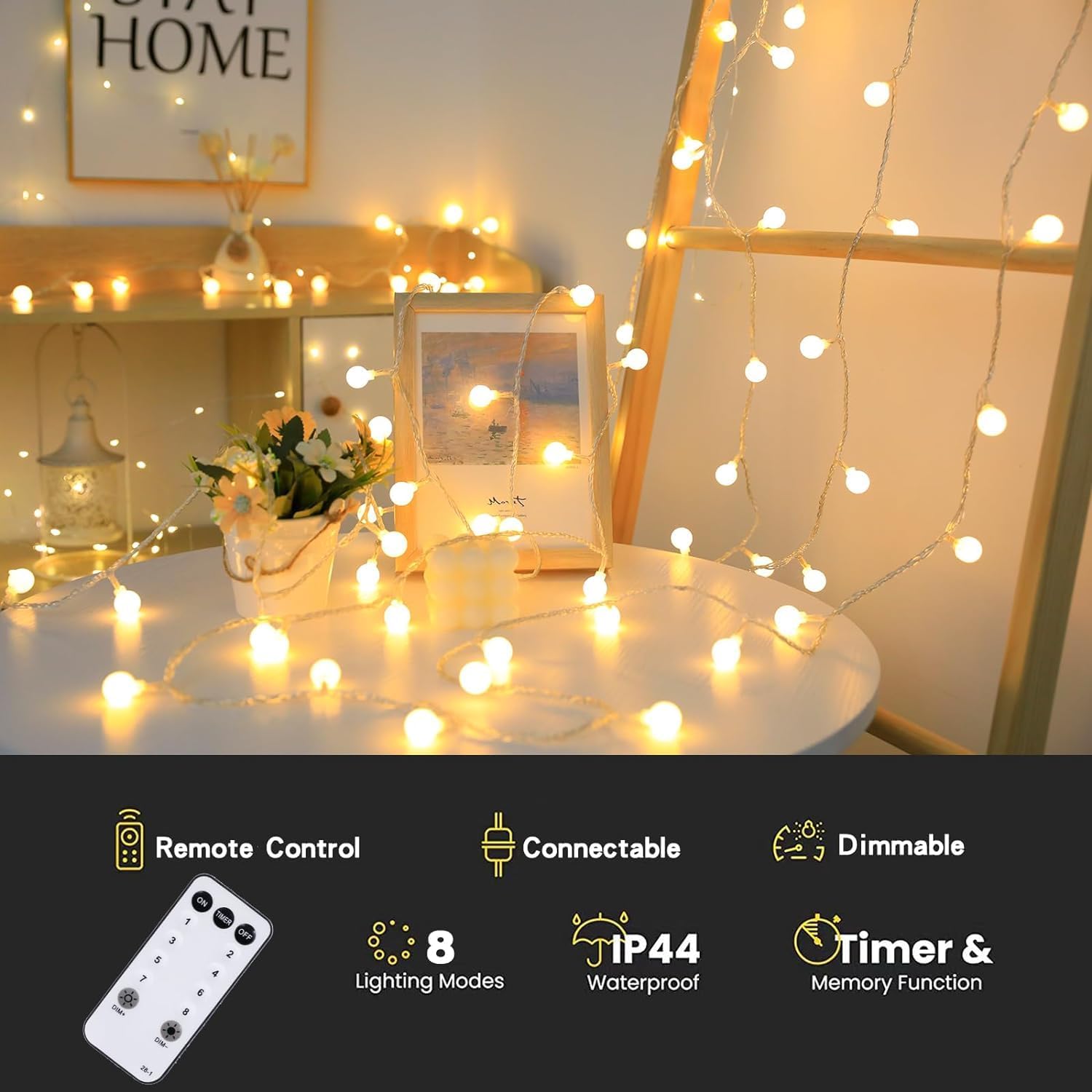 Globe String Lights Plug in 116 Ft. 200 LED 8 Modes with Remote,Waterproof Fairy String Lights for