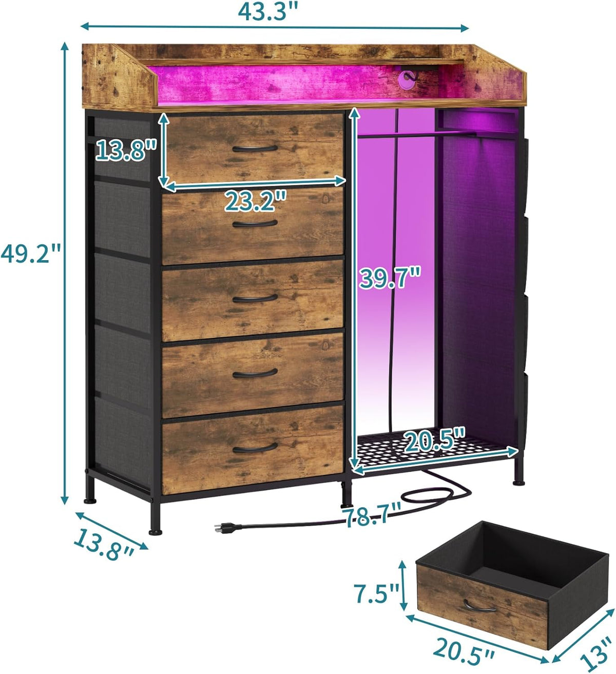 LUMTOK 2-in-1 Dresser with Hanging Racks,5 Fabric Drawers Dressers with LED Lights, Charging
