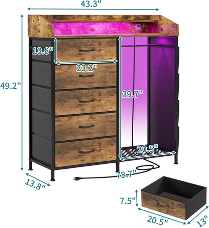 LUMTOK 2-in-1 Dresser with Hanging Racks,5 Fabric Drawers Dressers with LED Lights, Charging