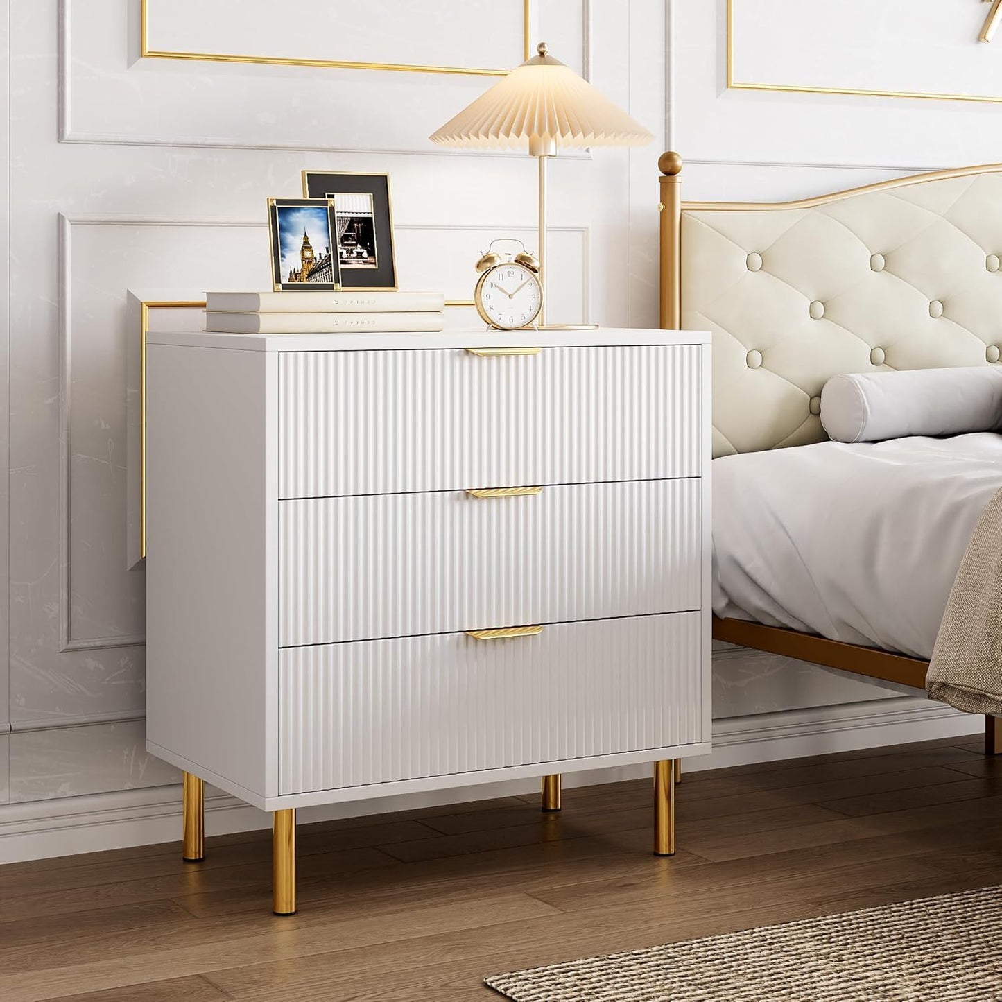 GAOMON 3 Drawer Dresser, Wood Chest of Drawers Organizer Storage with Gold Handle, Small Storage