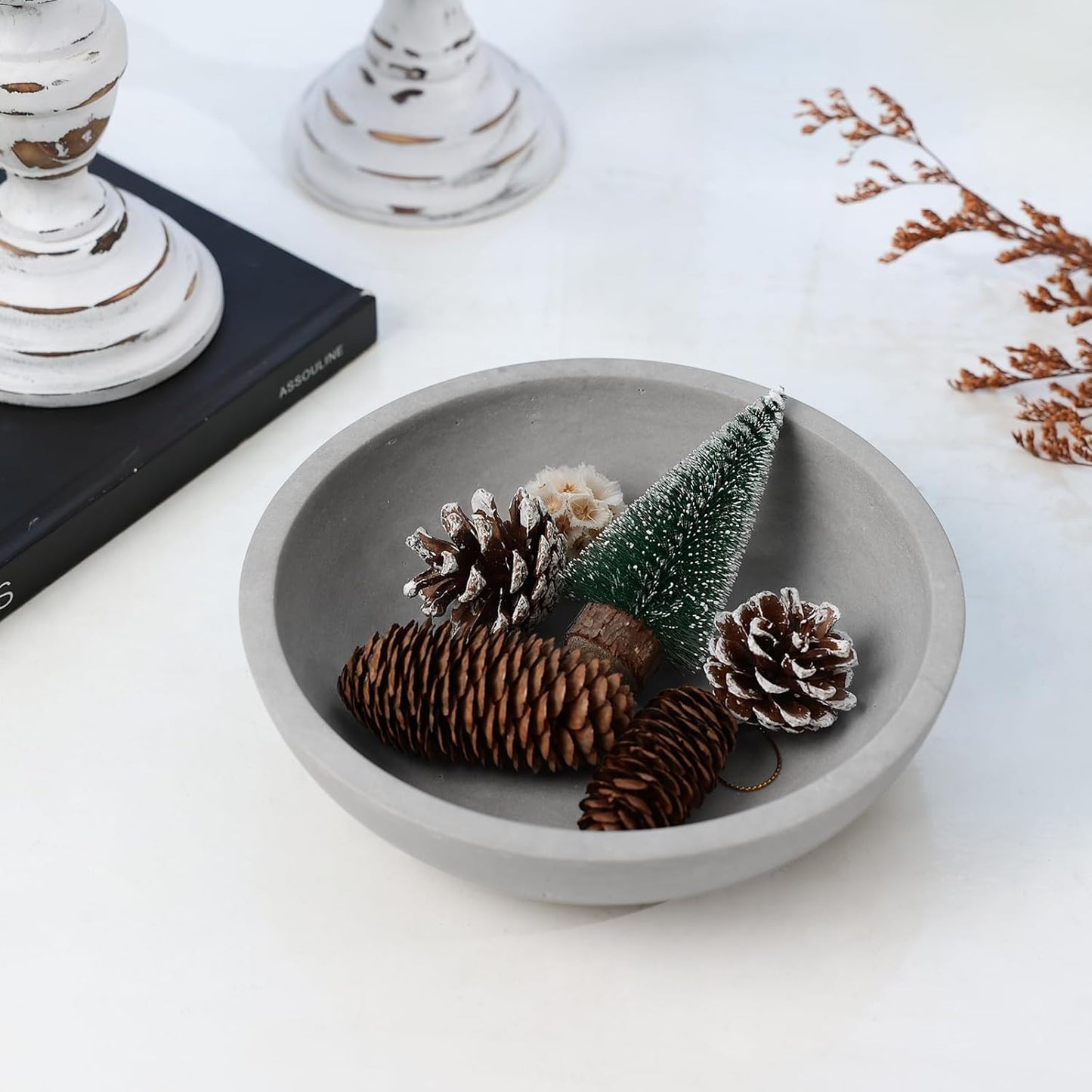 Marble Fruit Bowl for Kitchen Counter - Decorative Serving Bowl with Gray Travertine Design, Modern