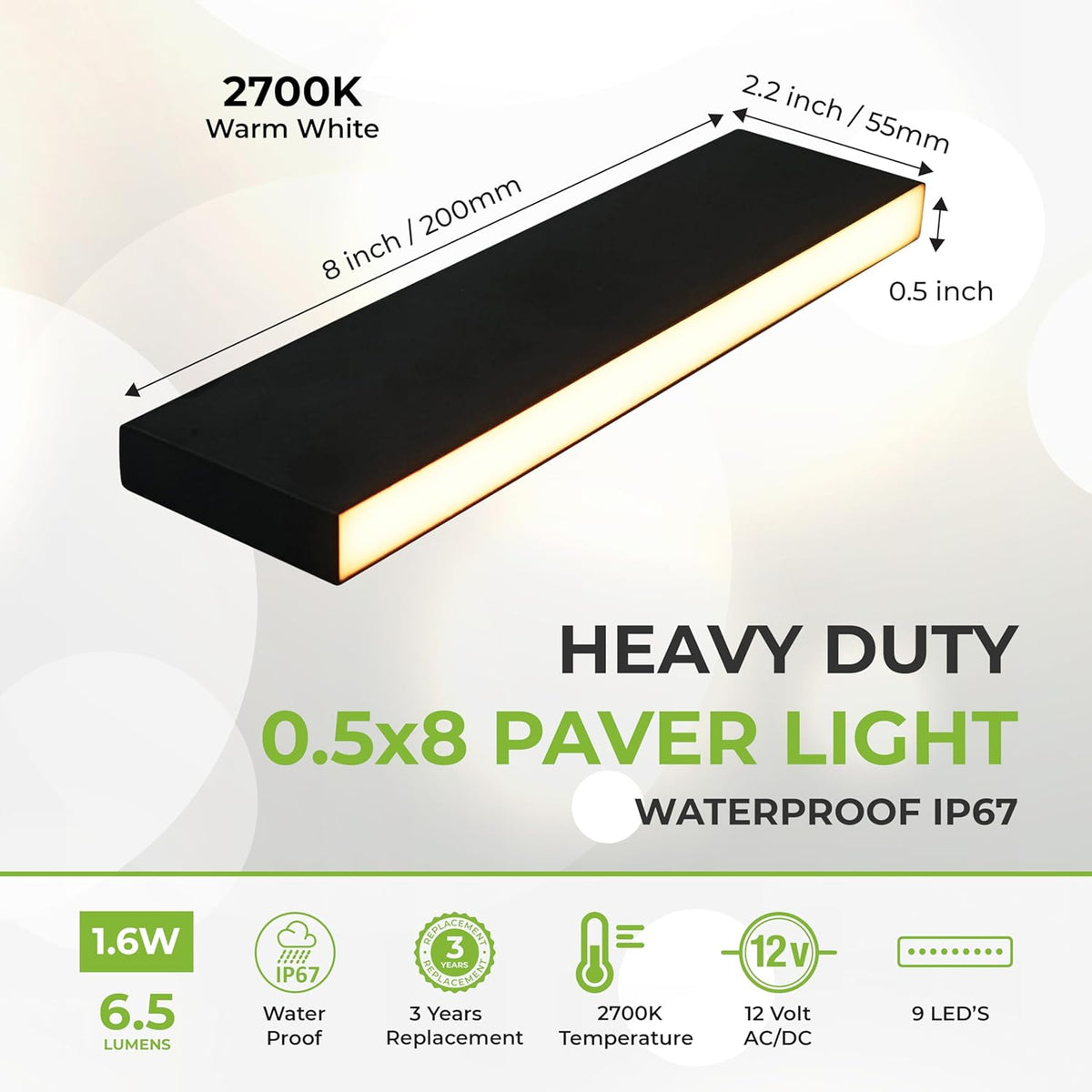 LUMENGY Paver Light Slim 0.5x8 Inch (0.55 x 7.87 inches) 2700K Warm White Glare-Free Steel Brick